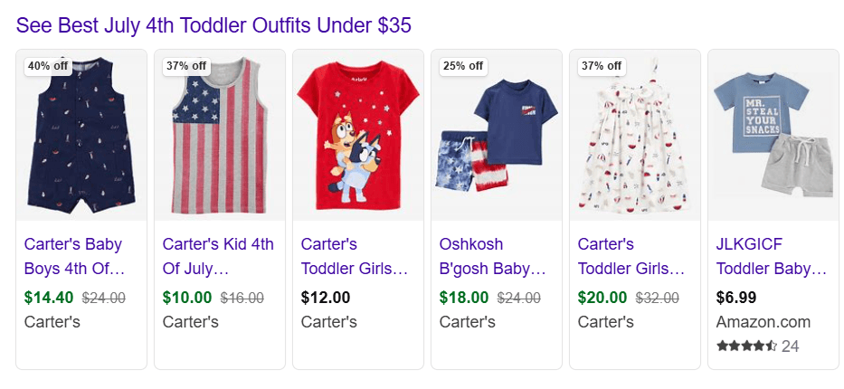 Exemplo de compras no Bing para roupas de 4 de julho