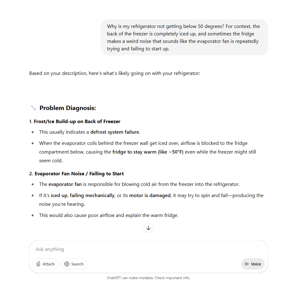 Conversa do ChatGPT sobre uma geladeira que não esfria