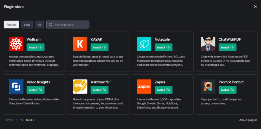 Loja de plug-ins ChatGPT mostrando plug-ins populares como Wolfram, KAYAK, Noteable e Zapier.