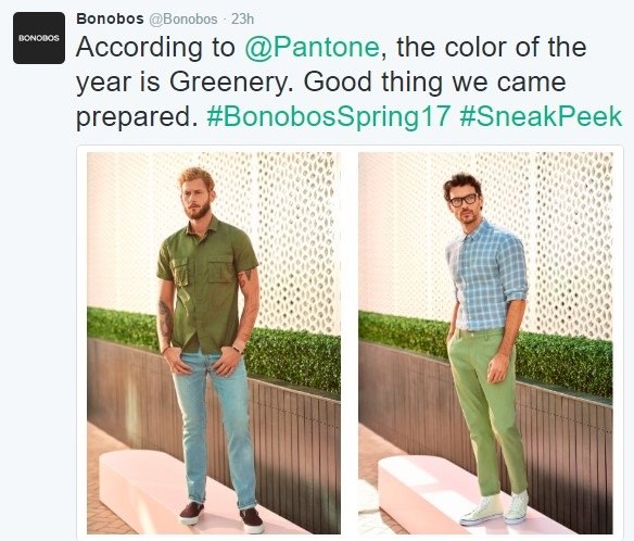 Tweet de Bonobos apresentando roupas pantone greenery da coleção bonobos primavera 2017