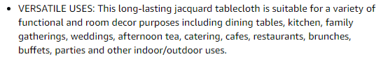 Descrição do produto indicando toalha de mesa adequada para jantares, reuniões, casamentos, catering, uso interno e externo