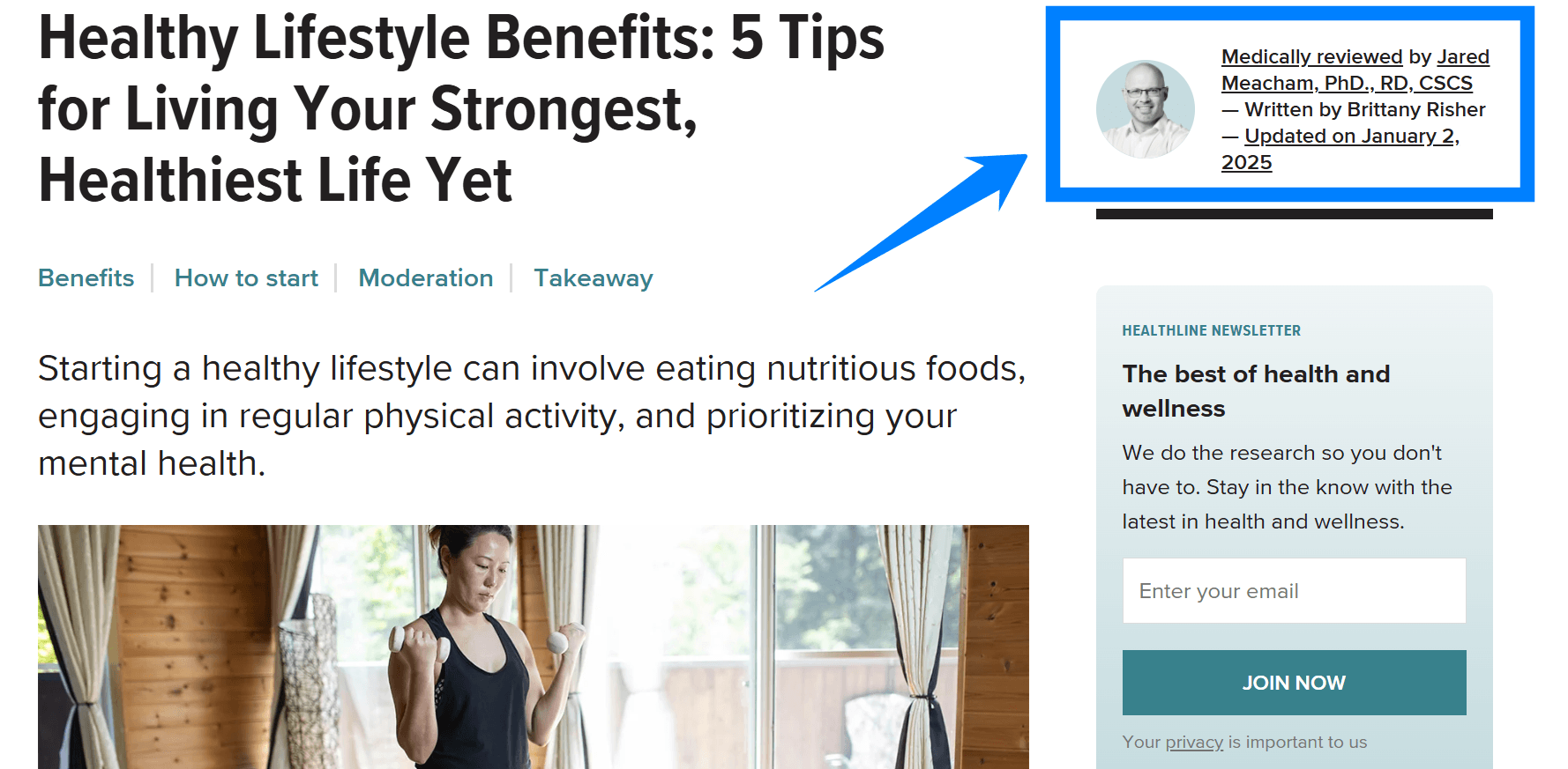 Um artigo YMYL revisado por médicos sobre os benefícios de um estilo de vida saudável.