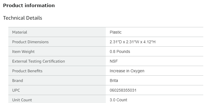 Tabela de informações do produto mostrando detalhes técnicos com layout de duas colunas