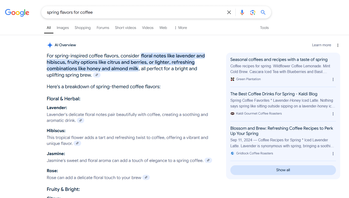 Resultados da Pesquisa Google mostrando um snippet de visão geral da IA ​​que lista sabores de café com tema primaveril, como florais e frutados