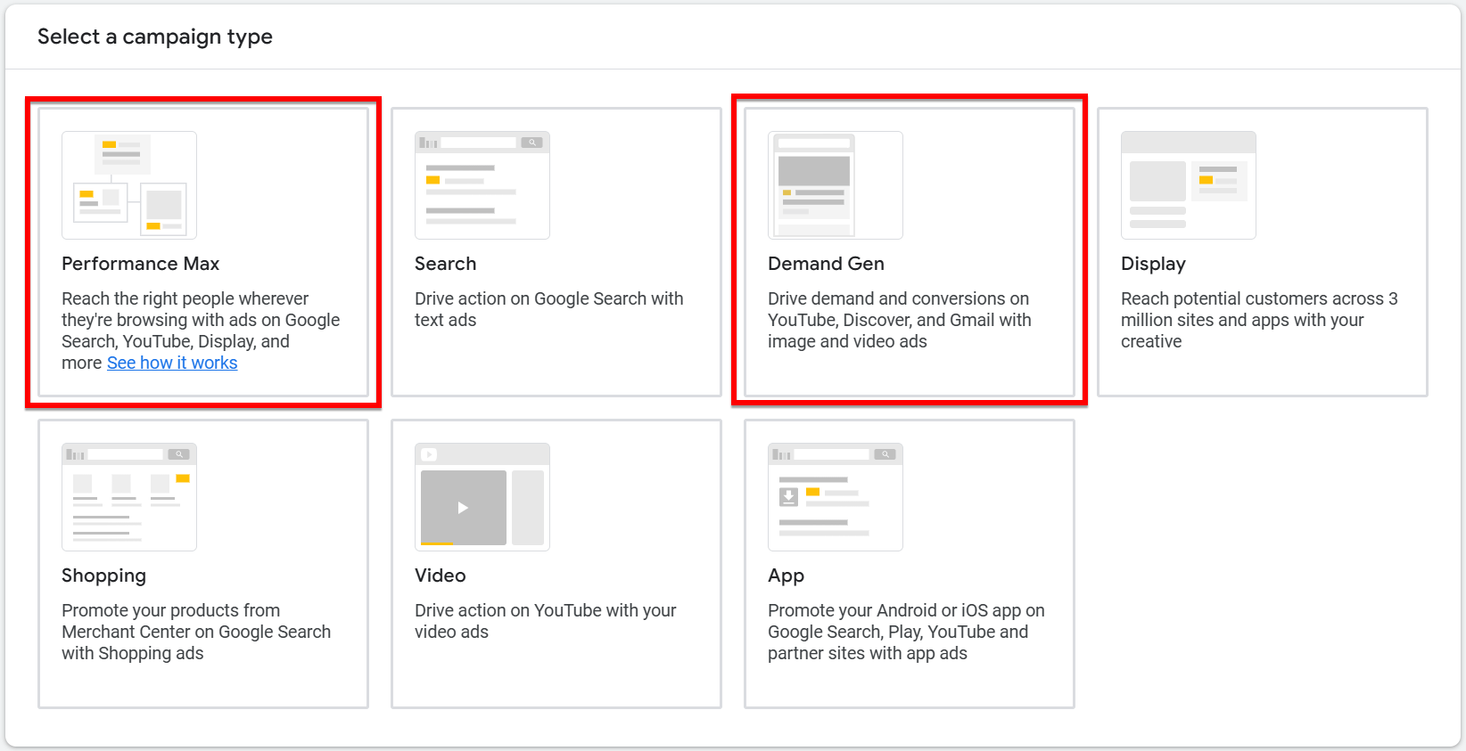 Opções no Google Ads para configurar campanhas Performance Max e Demand Gen