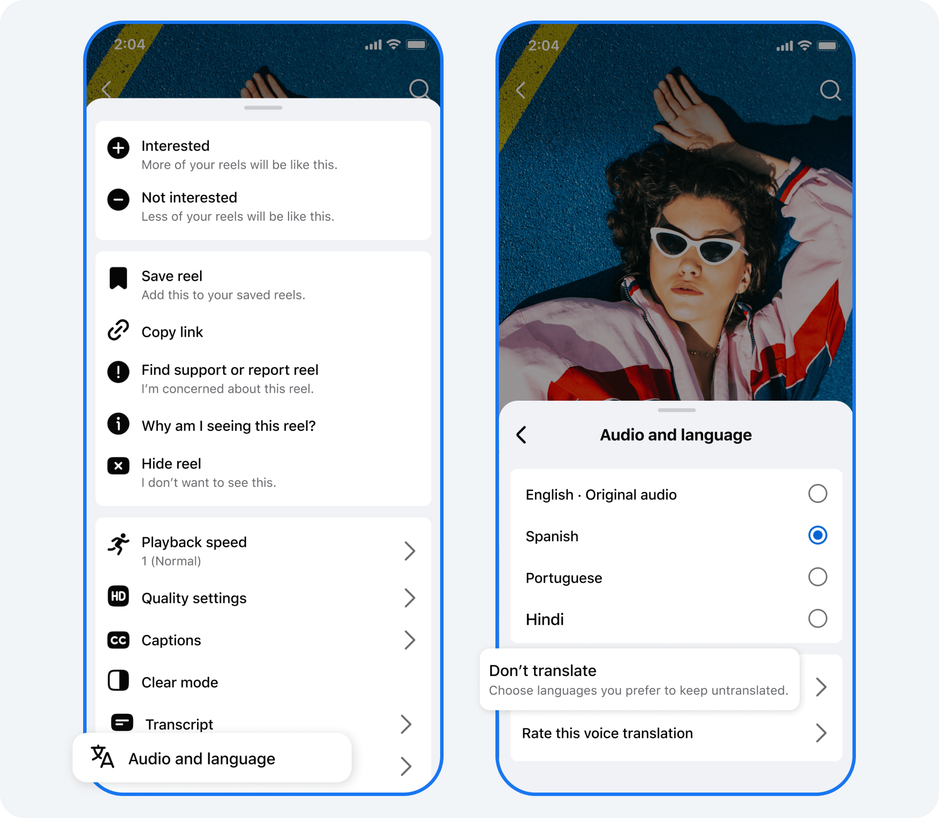 Uma captura de tela da tradução Meta AI que agora adiciona dublagem AI para Reels em inglês, espanhol, hindi e português, replicando sua voz real e sincronizando os movimentos dos lábios para uma experiência de visualização natural.
