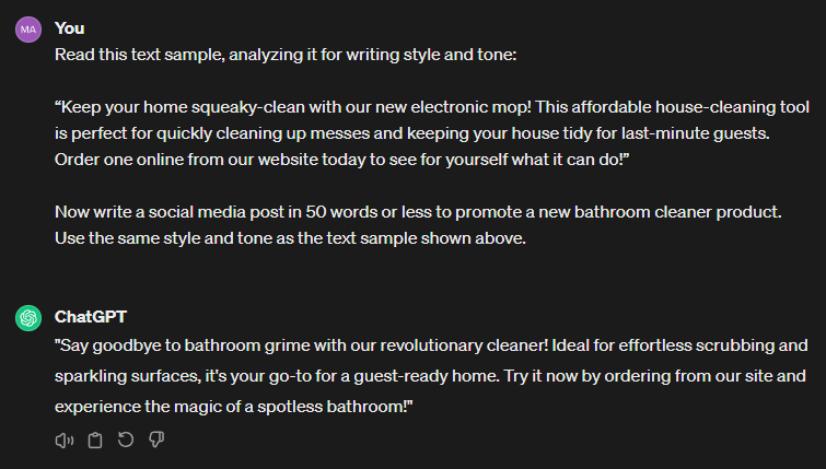 ChatGPT emulando estilo de escrita e exemplo de tom