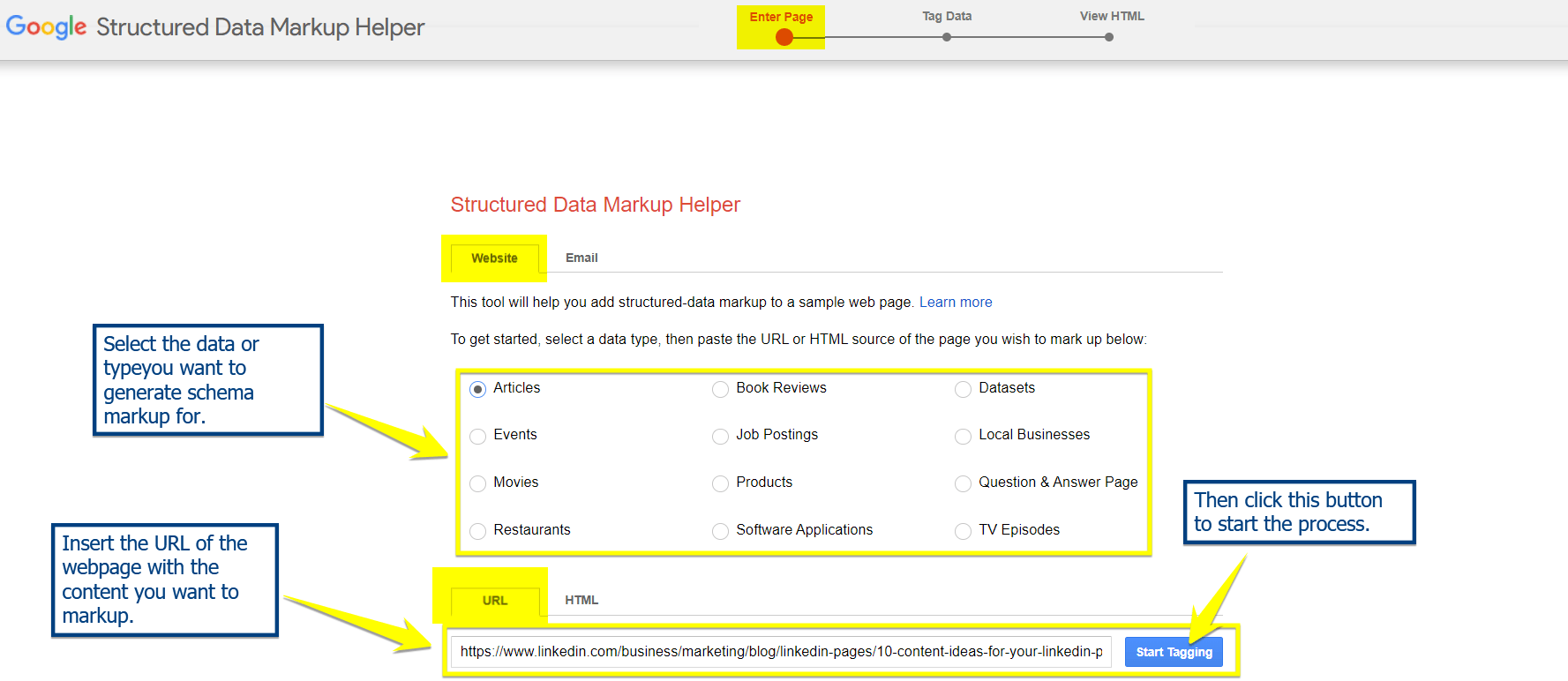 exemplo de página de entrada da ferramenta de marcação do Google