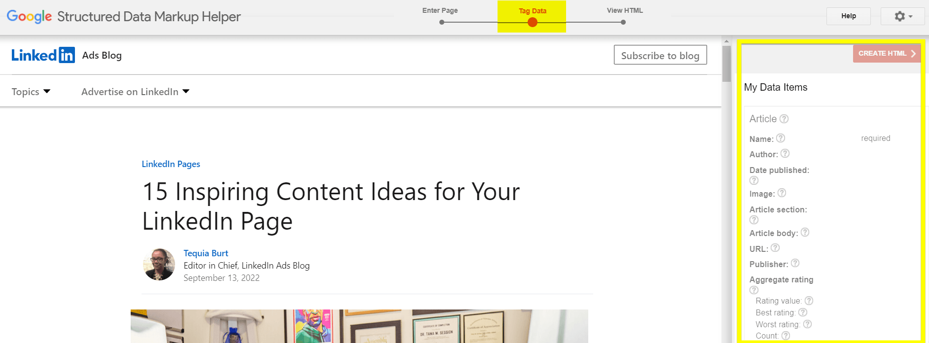 exemplo de cabeçalho de dados da tag da ferramenta de marcação de dados do Google