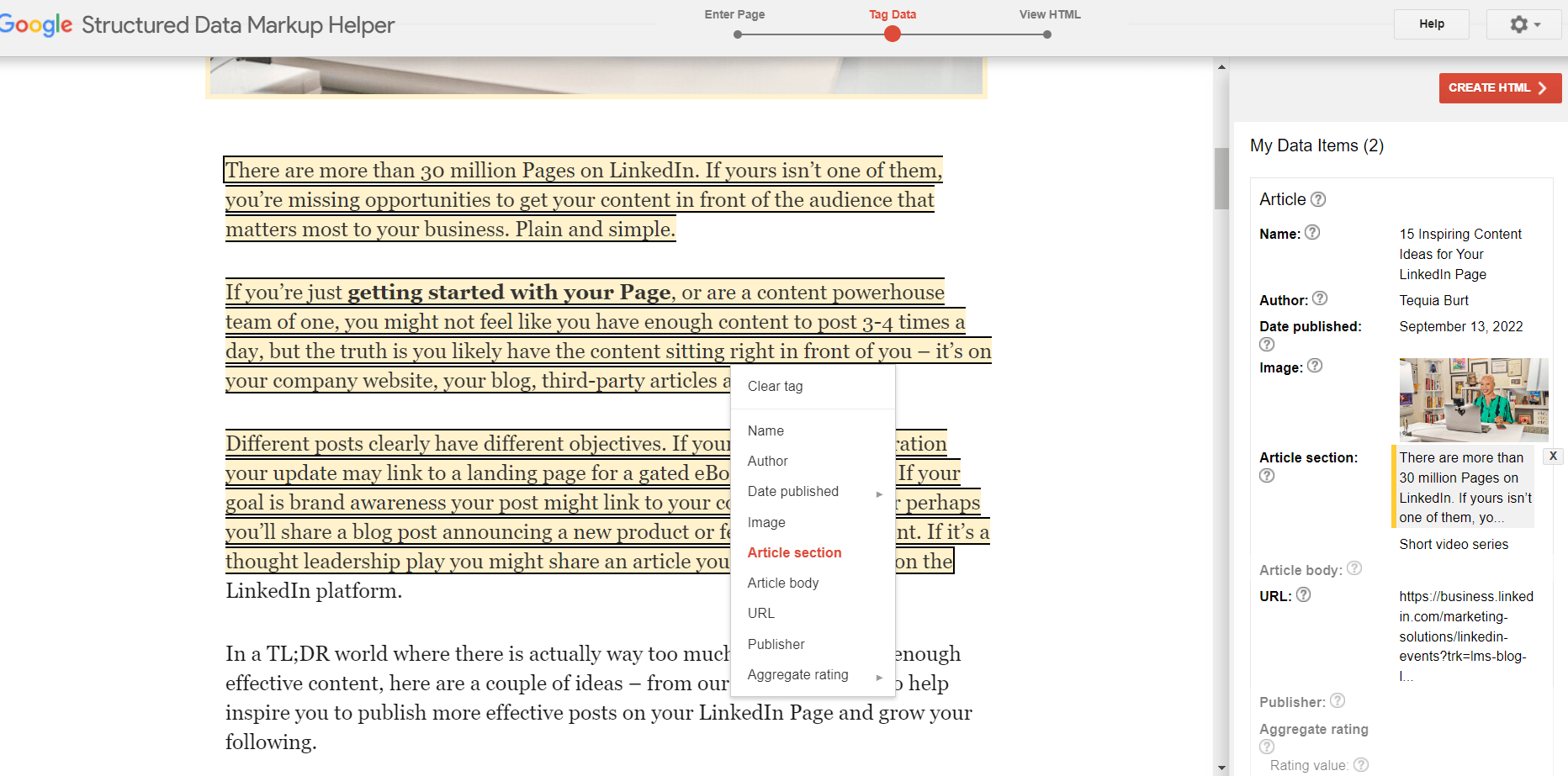 Ferramentas de tags do Google destacam exemplo de dados