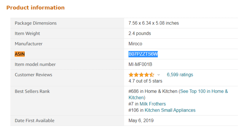 Exemplo de ASIN da Amazon