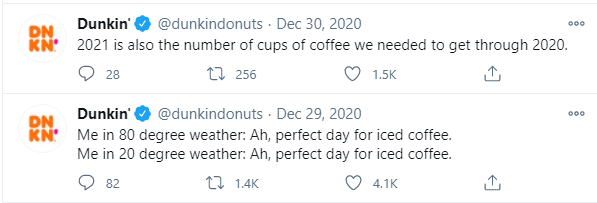 Dunkin Donuts usando postagens em mídias sociais para fazer os usuários pensarem sobre seus produtos