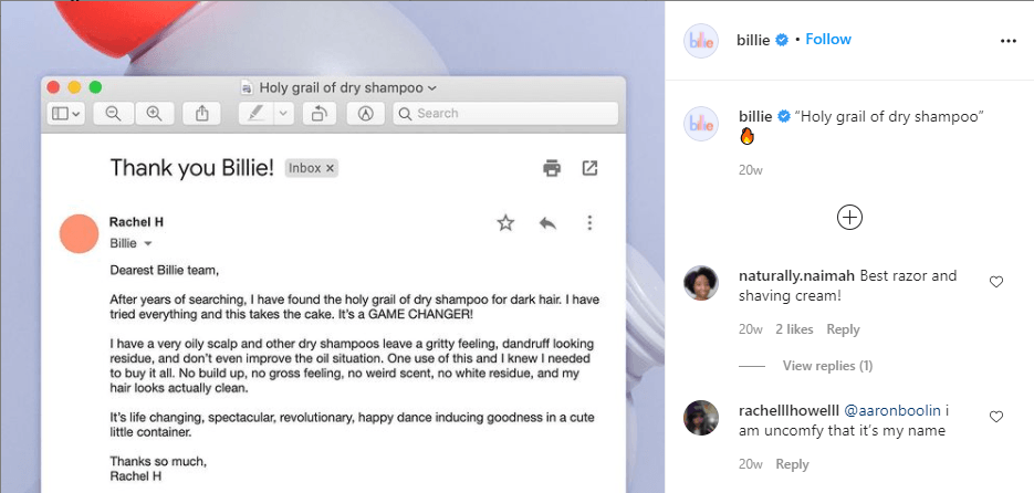 Feedback sobre o shampoo seco de Billie