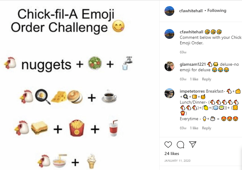Postagem do Chick-fil-A pedindo às pessoas que compartilhem seus pedidos com emojis