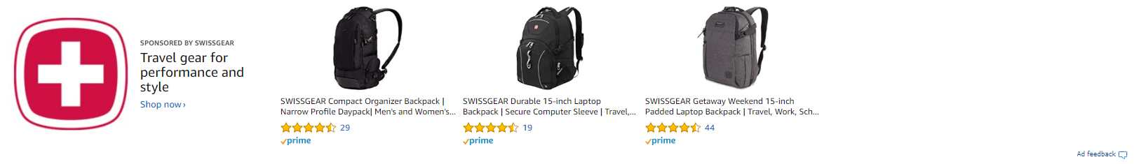 Um anúncio de marca patrocinado com o logotipo da marca e três produtos