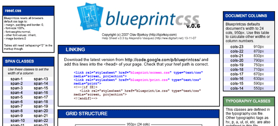 Folha de dicas CSS do Blueprint - captura de tela.