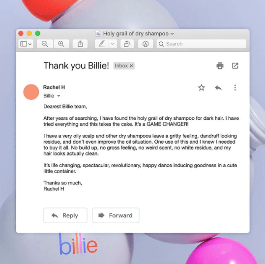 Depoimento por e-mail que Billie compartilhou nas redes sociais