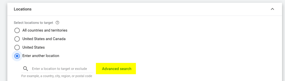 Lista de opções a serem selecionadas para escolher o local no Google Ads