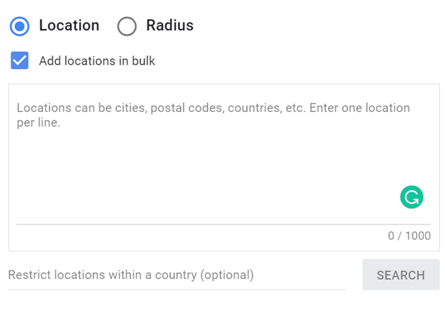 Caixa de texto aberta que permite inserir vários locais de destino