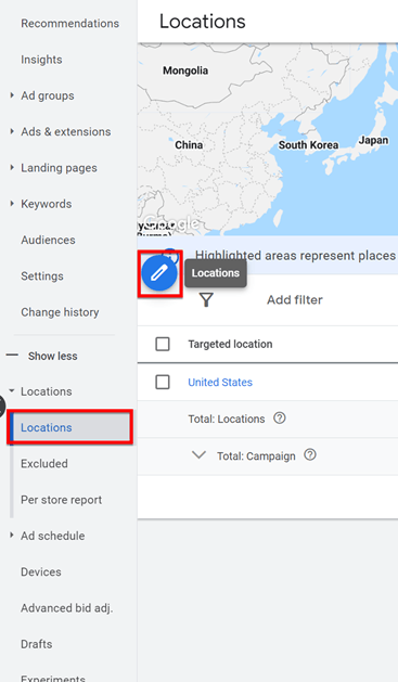 Barra lateral indicando onde alterar os locais