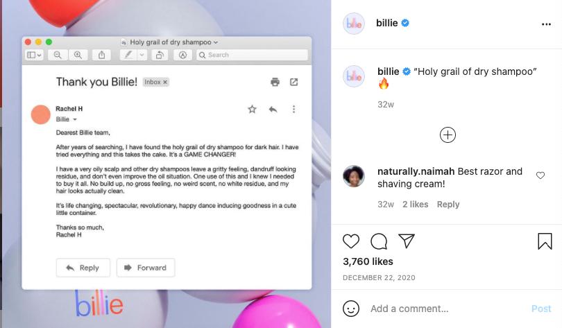 Depoimento de Billie compartilhado no Instagram