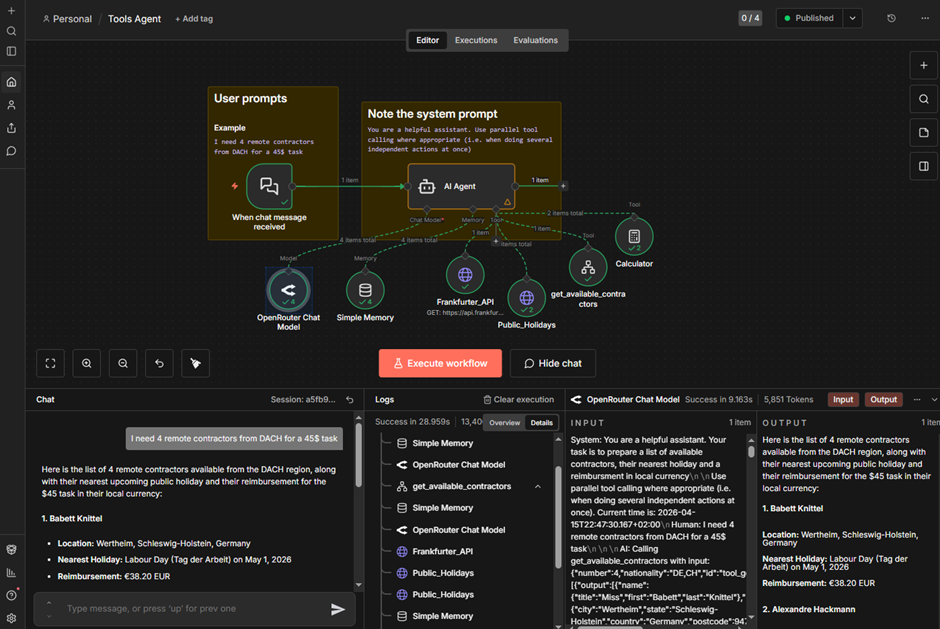 Interface do criador de fluxo de trabalho de IA mostrando um agente conectado a diversas ferramentas