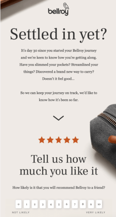 Belroy solicitando que um assinante avalie sua experiência por e-mail