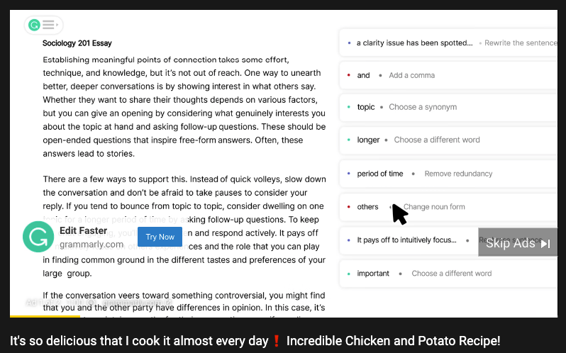 Anúncio do YouTube para Grammarly