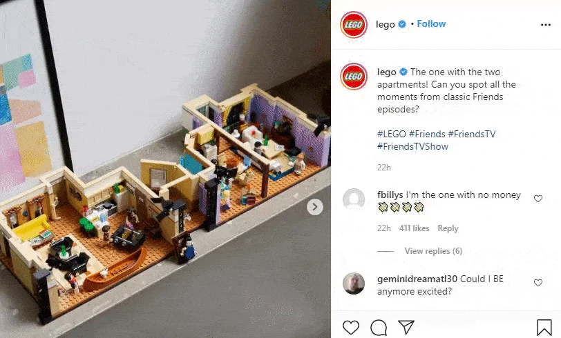 Lego compartilhando uma postagem no Instagram de seu conjunto completo de apartamentos de Friends