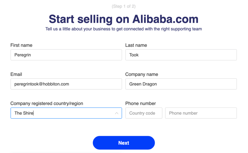 Tela de criação de conta no Alibaba