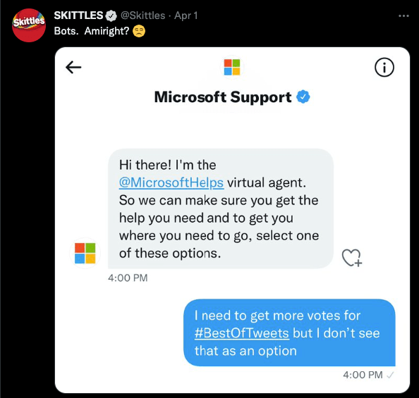 Skittles postando uma imagem deles conversando com o suporte da Microsoft pedindo mais votos
