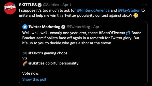 Skittle tweetando tentando vencer o XBox em um concurso do Twitter
