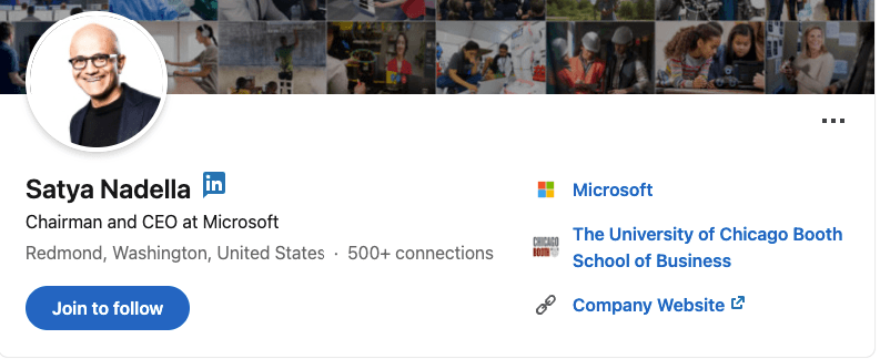Perfil de Satya Nadella no LinkedIn