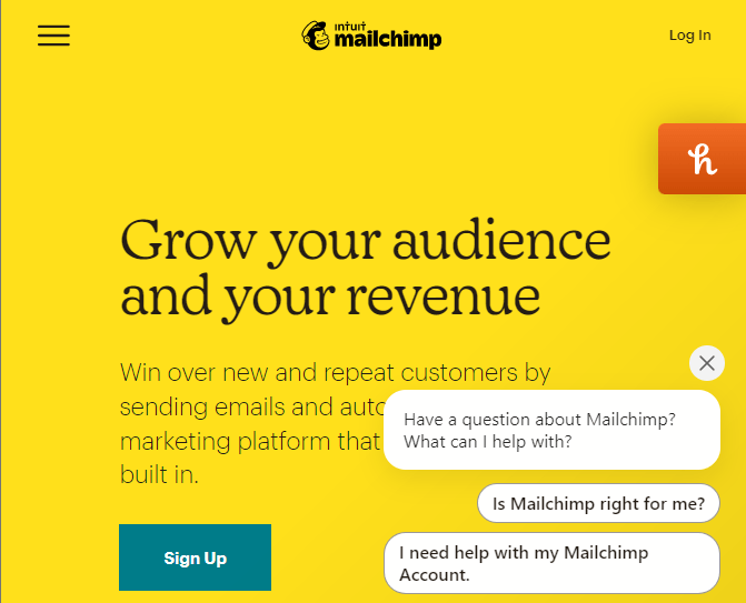 Página inicial amarela do MailChimp detalhando suas ofertas