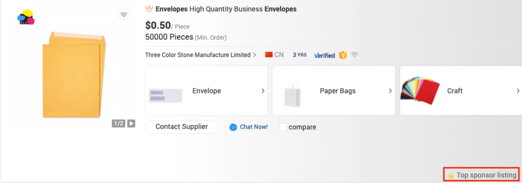 Anúncio de envelopes no site do Alibaba