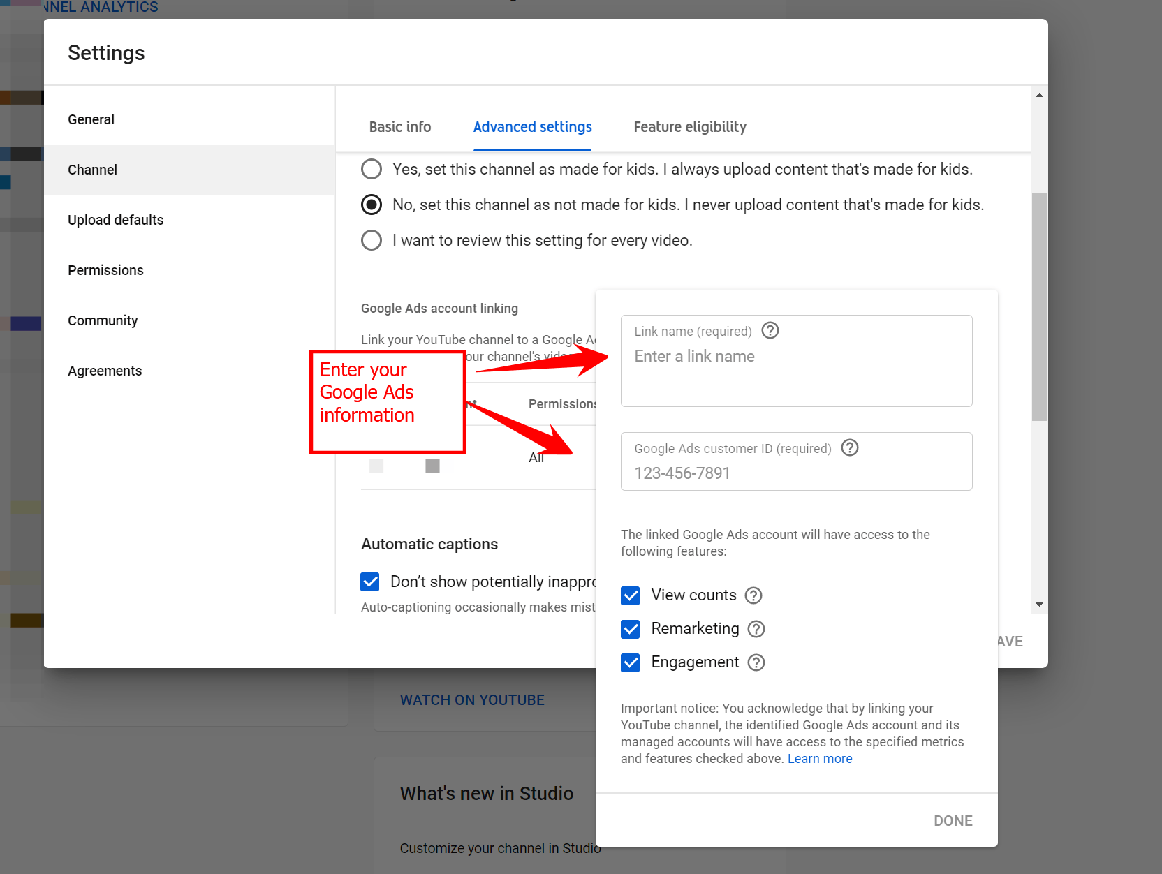 Configurações do YouTube para vinculação ao Google Ads