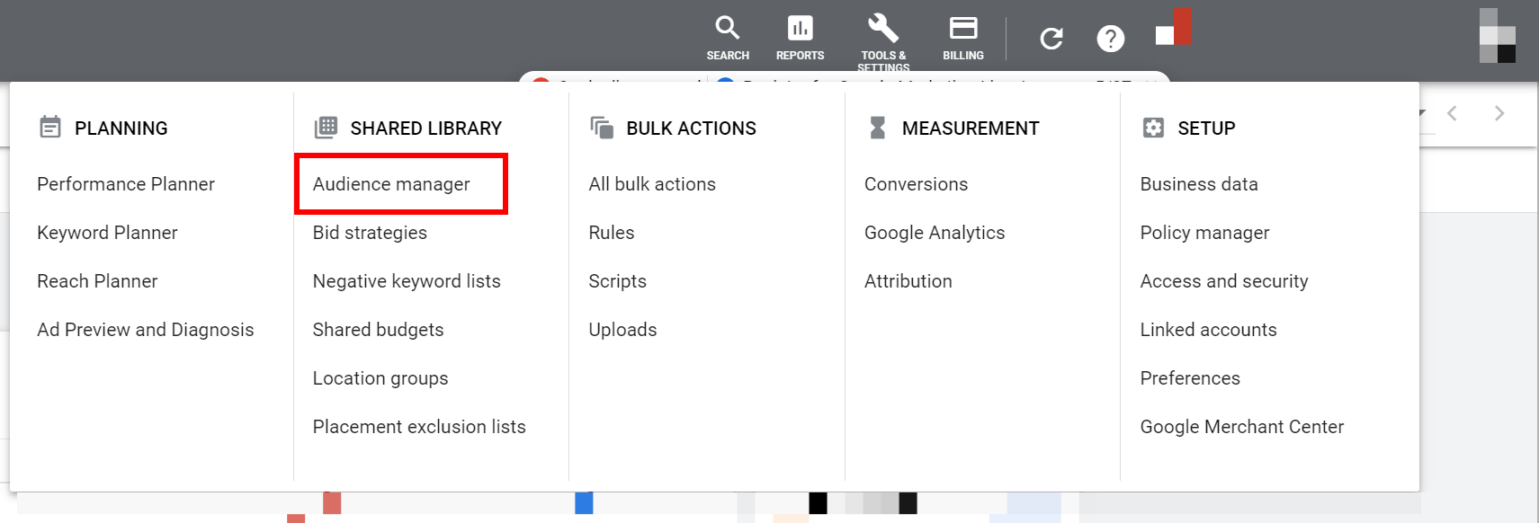 Menu do Gerenciador de público-alvo do Google Ads
