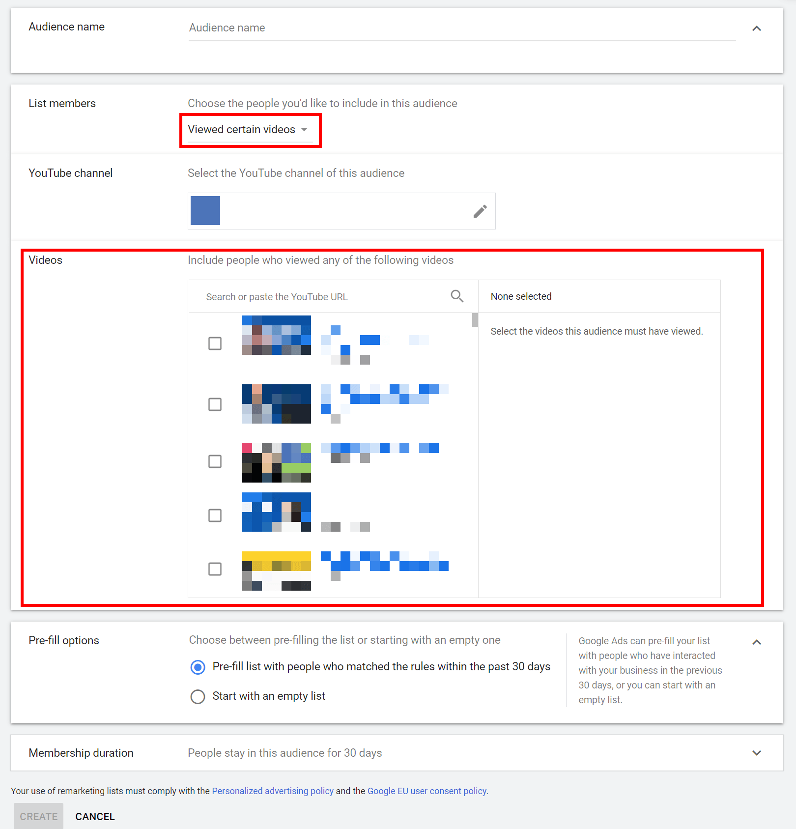 Escolher um público de remarketing do YouTube que assistiu a determinados vídeos em seu canal