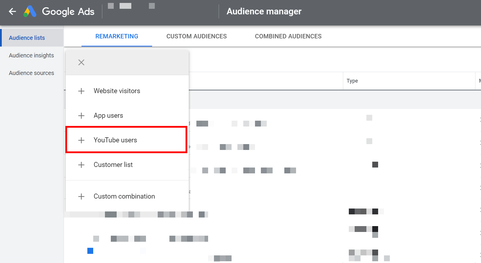 Selecione Usuários do YouTube para começar a criar sua lista de remarketing do YouTube