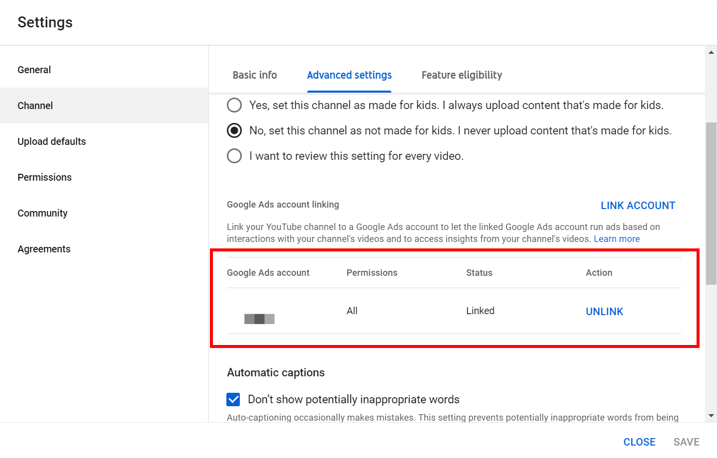 Confirmação de vinculação da conta do YouTube e do Google Ads