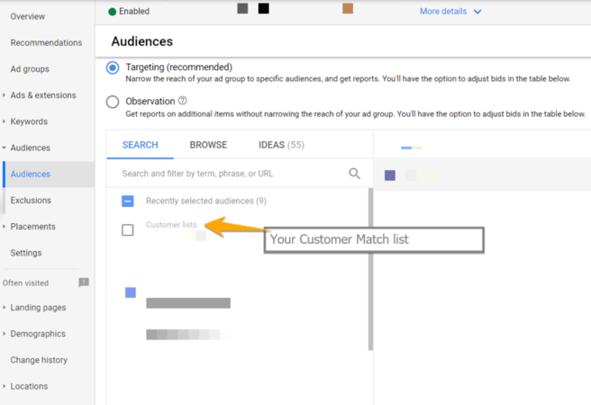 etapas para atualizar a segmentação por lista de clientes do Google Ads