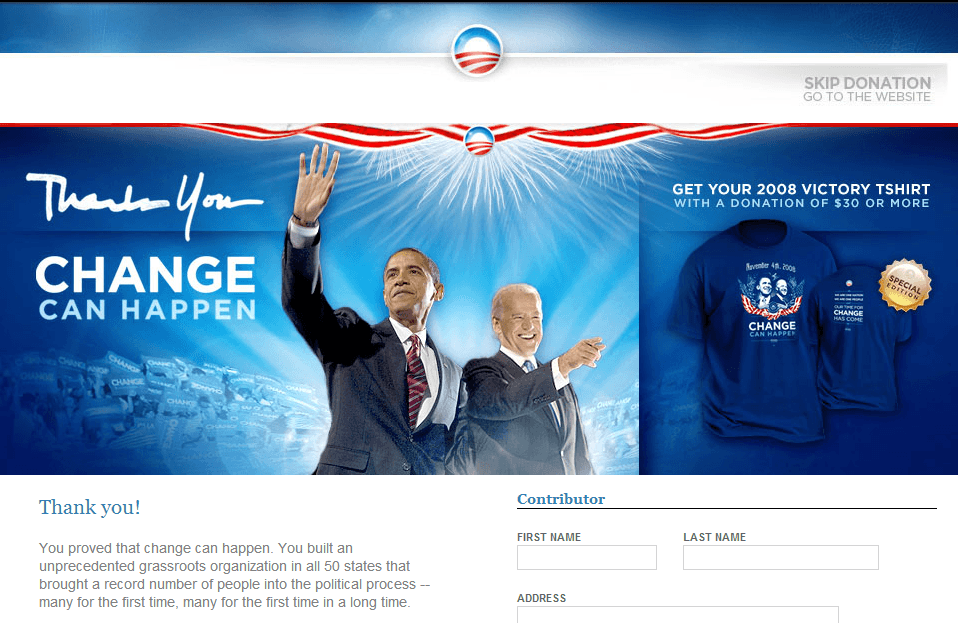 campanha de obama obrigado Campanha de Obama de 2008, página inicial de agradecimento
