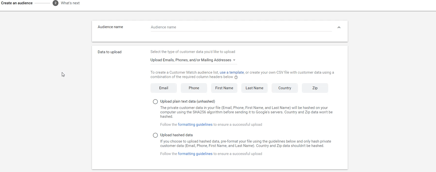 A página do Google Ads onde você pode fazer upload de sua lista de clientes para segmentação por lista de clientes