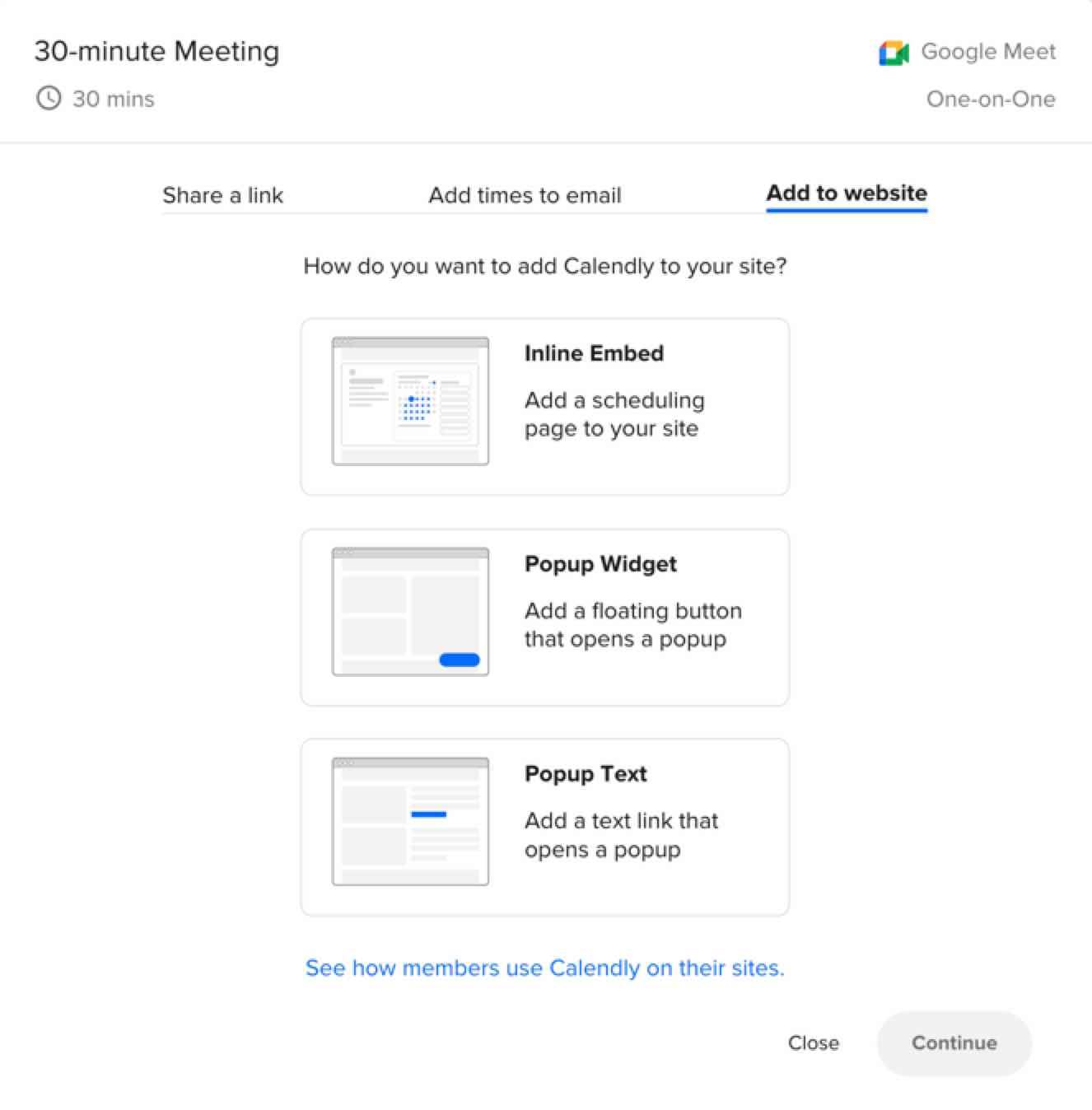 agendador de reuniões do Calendly incorporado ao site