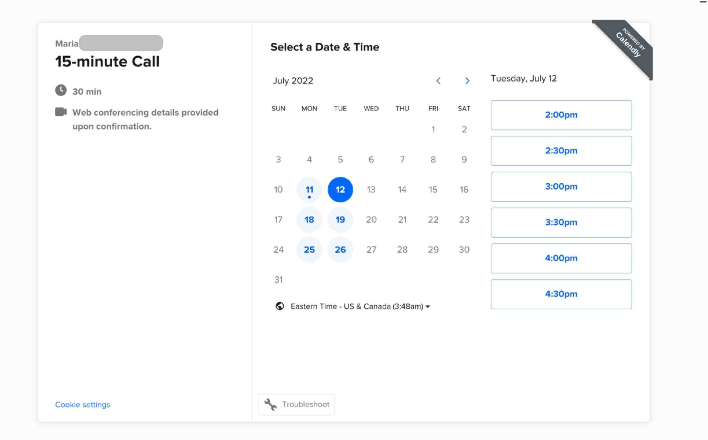 página de destino do agendador de reuniões do Calendly
