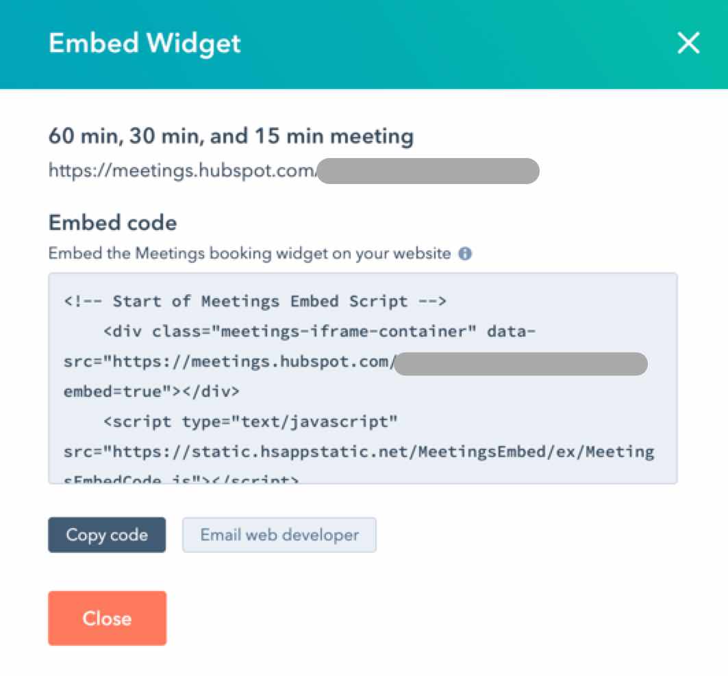 Widget do agendador de reuniões do Hubspot