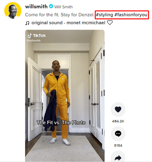 Hashtags usadas em um TikTok de Will Smith