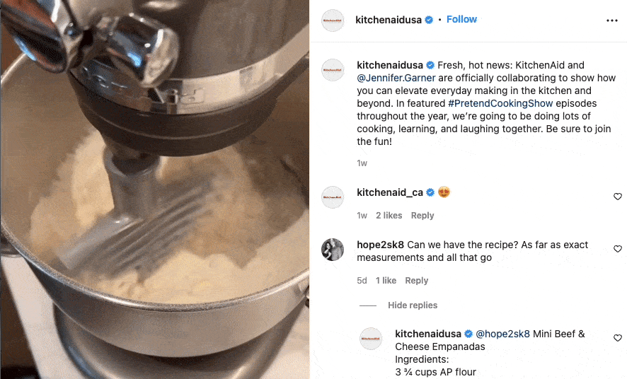 Postagem da KitchenAid no Instagram com Jennifer Garner