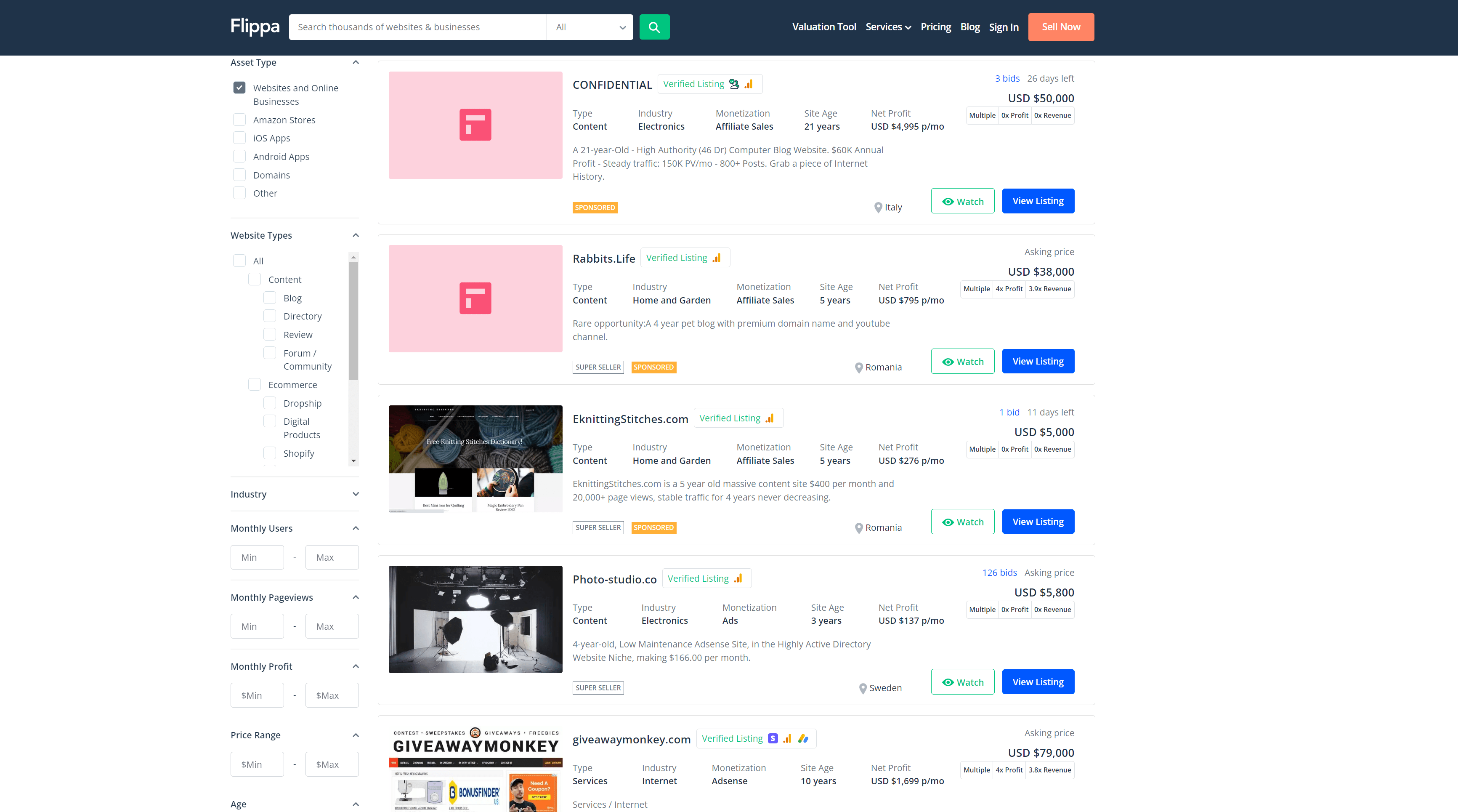 Mercado do site Flippa