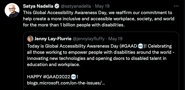 Tweet de Satya Nadella sobre acessibilidade